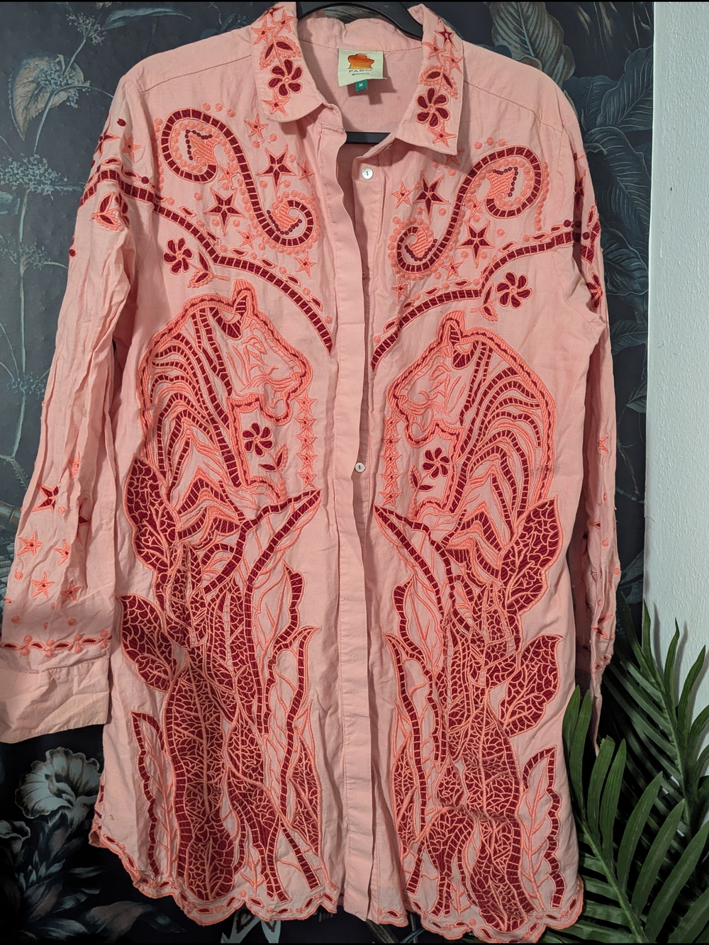 Farm Rio Pink Tiger Star Richelieu Embroidered Cotton Button Down Tunic Shirt M